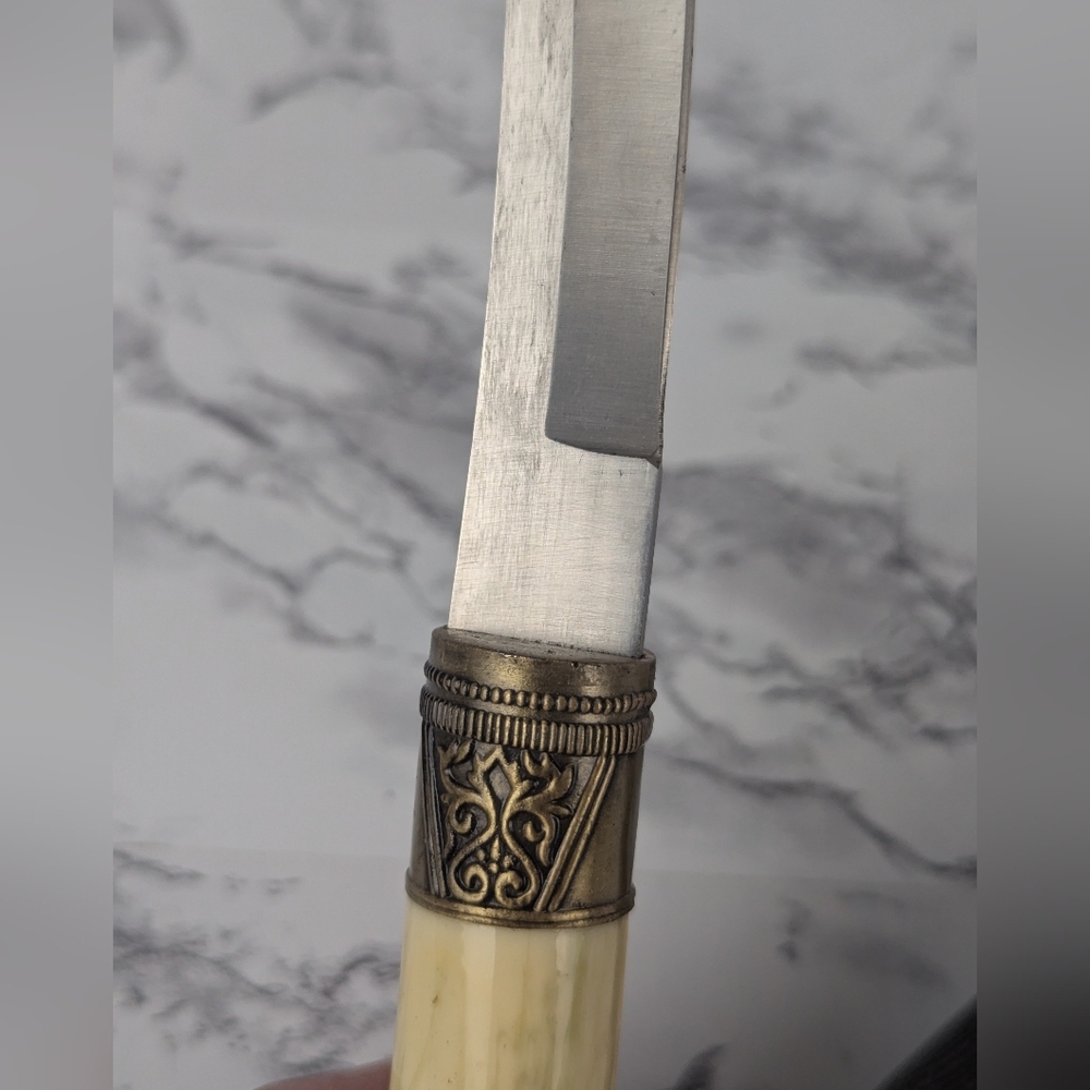 Oriental Looking Knife With Blade Sheath Vintage Marble Looking Handle 9" - Picture 11 of 13